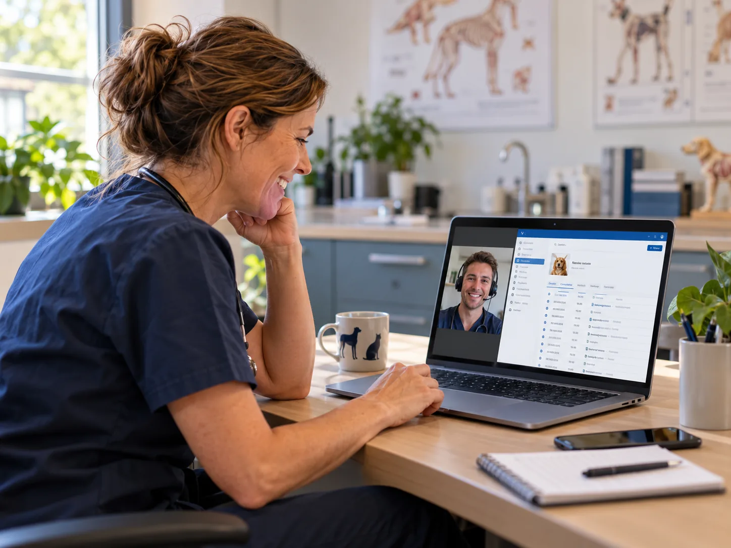 Eine Tierärztin erhält per Videoanruf auf ihrem Laptop eine Online-Demo von VETCloud